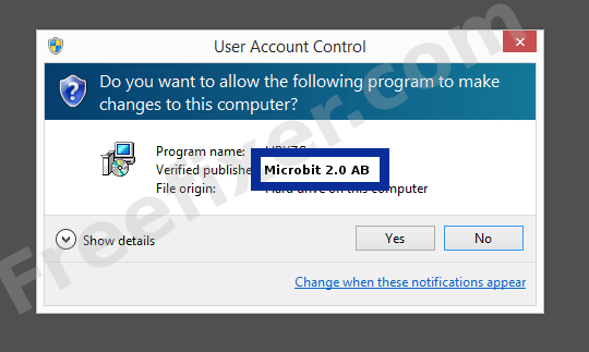 Screenshot where Microbit 2.0 AB appears as the verified publisher in the UAC dialog